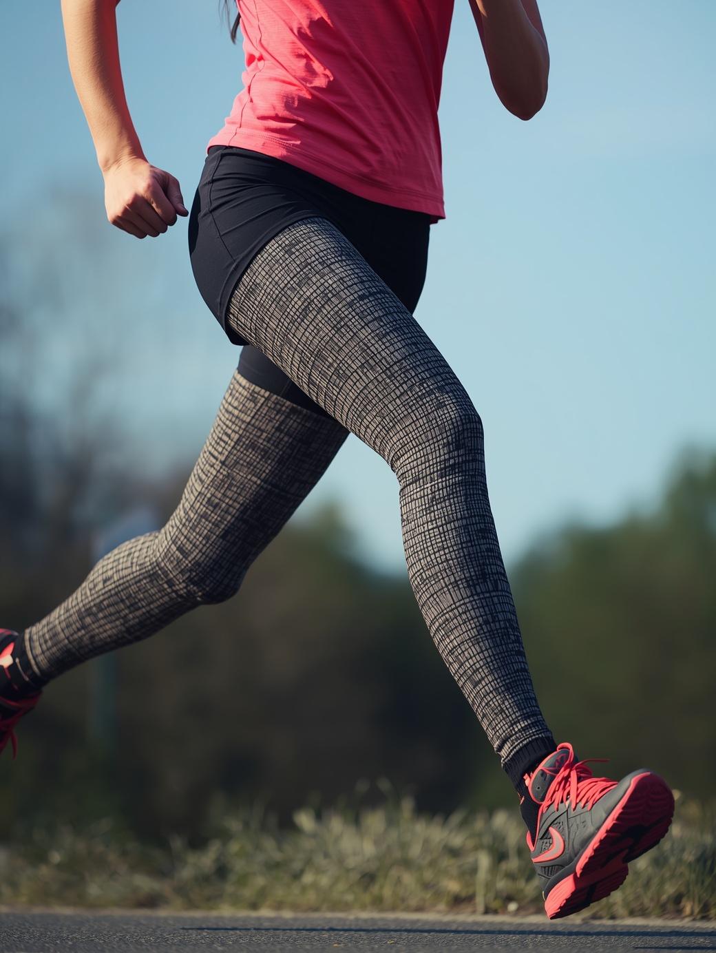 Home create an image a woman wearing a compression stocking while running