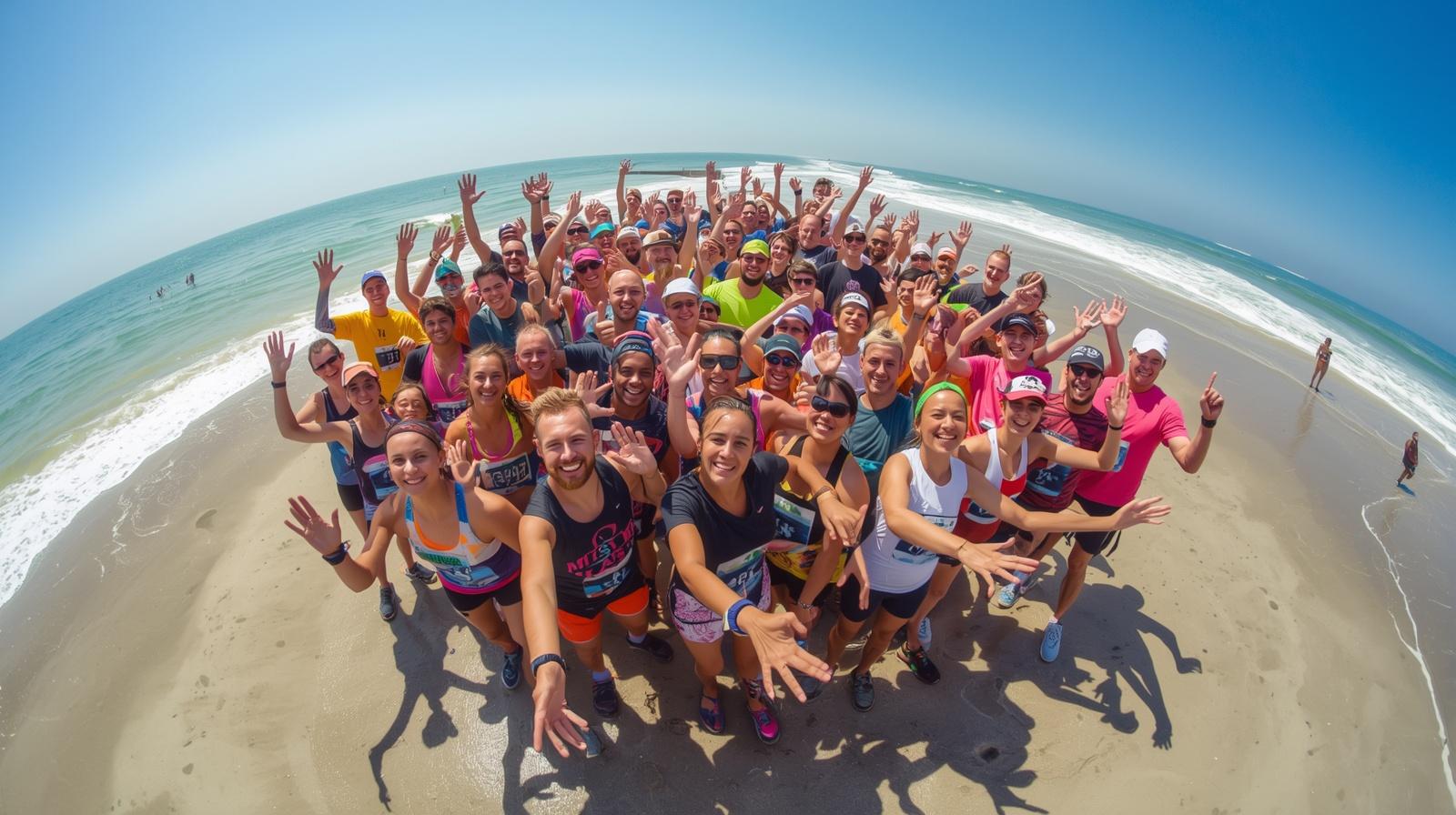 Home create an image of group of peoples with all ages in a running clothes with joy and chill waving hands towards the camera. take a wide angle with sea shore scene as well